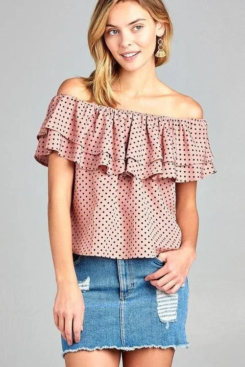 Womens Double Ruffle Off Shoulder Polka Dot Top