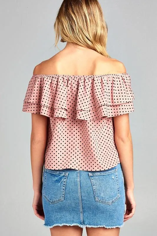 Womens Double Ruffle Off Shoulder Polka Dot Top