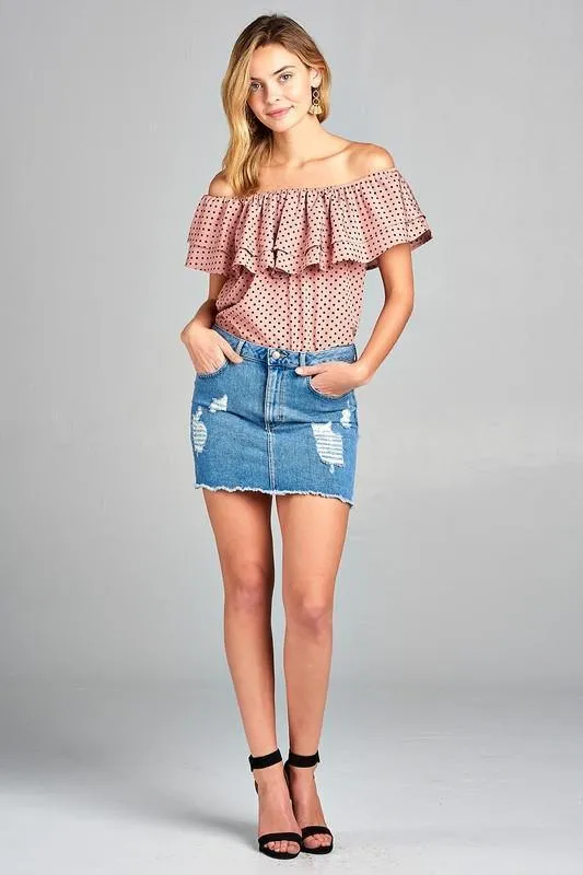 Womens Double Ruffle Off Shoulder Polka Dot Top