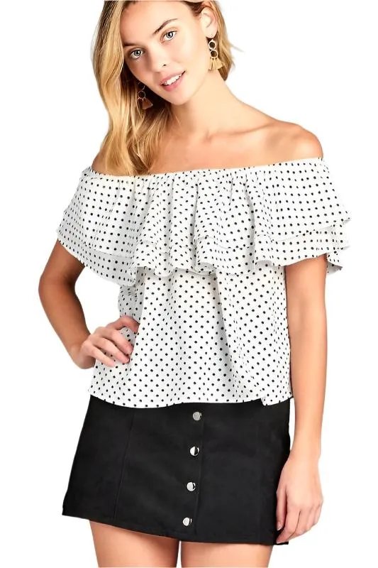 Womens Double Ruffle Off Shoulder Polka Dot Top