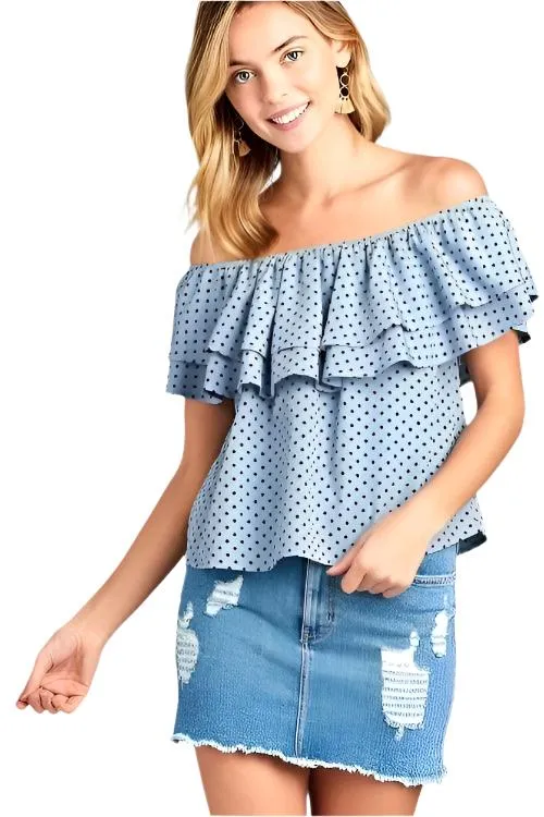 Womens Double Ruffle Off Shoulder Polka Dot Top