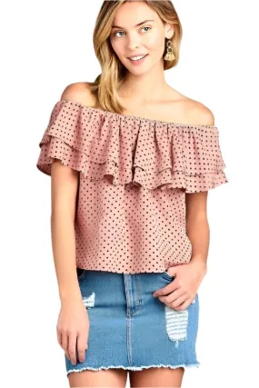 Womens Double Ruffle Off Shoulder Polka Dot Top