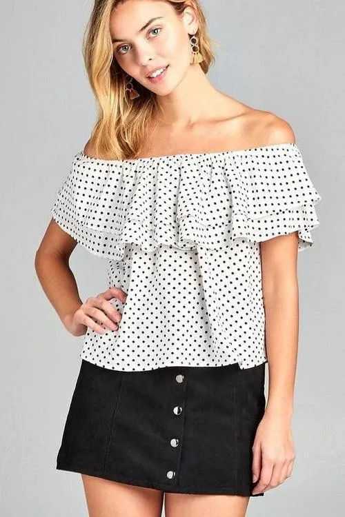 Womens Double Ruffle Off Shoulder Polka Dot Top