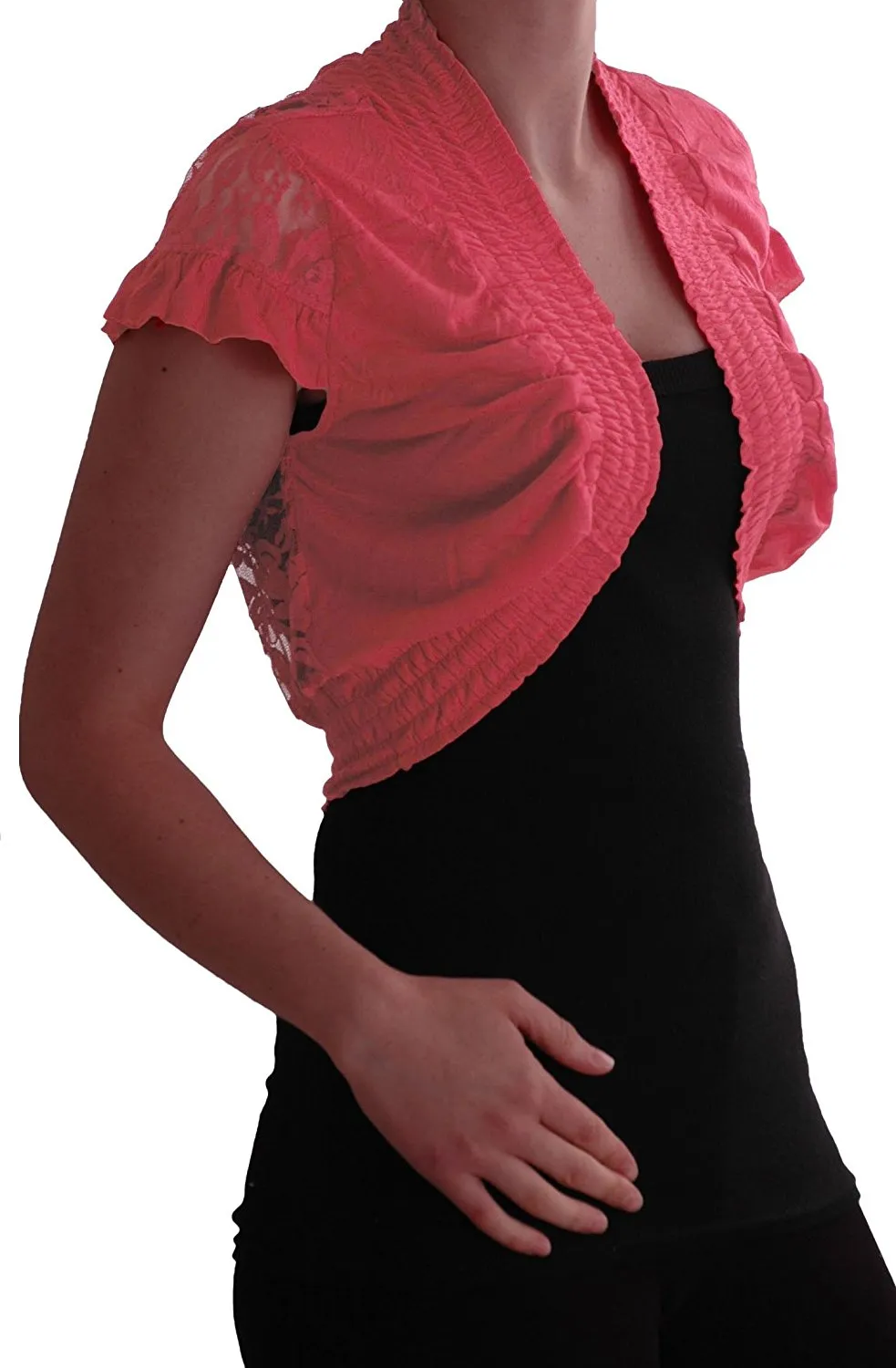 Womens Stretch Lace Jersey Short Sleeve Open Front Ladies Bolero Shrugs One Size