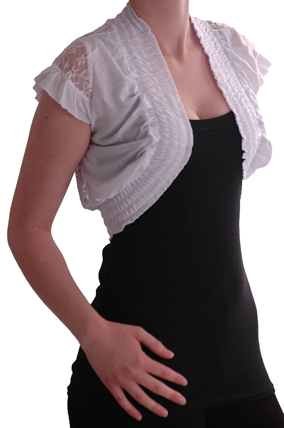 Womens Stretch Lace Jersey Short Sleeve Open Front Ladies Bolero Shrugs One Size