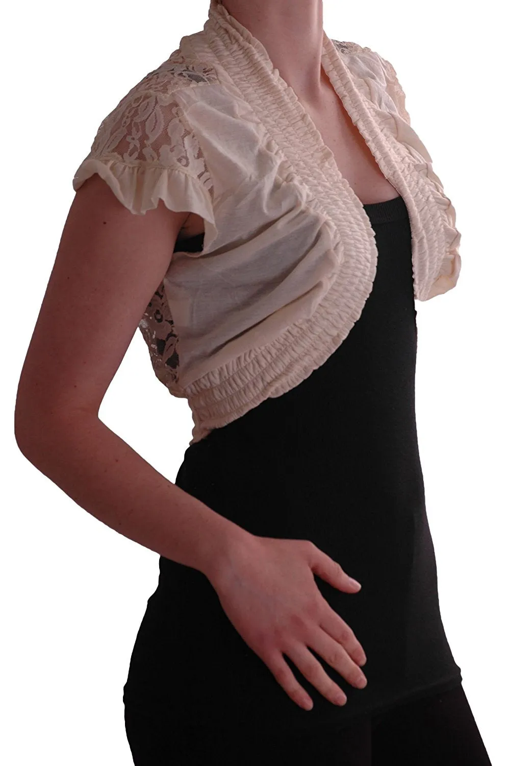 Womens Stretch Lace Jersey Short Sleeve Open Front Ladies Bolero Shrugs One Size