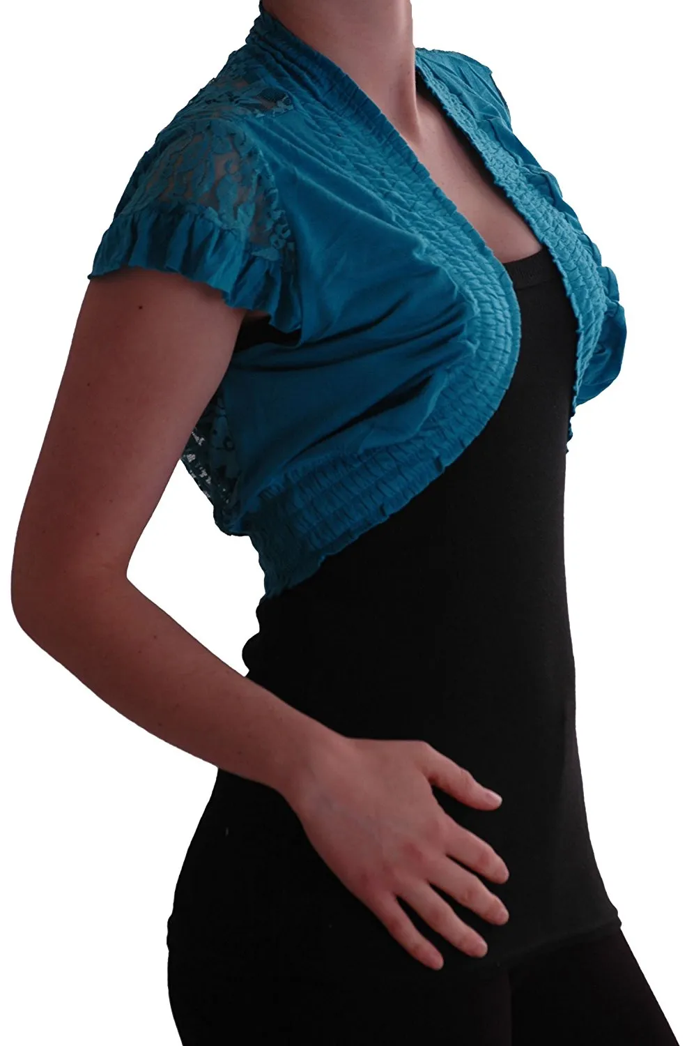 Womens Stretch Lace Jersey Short Sleeve Open Front Ladies Bolero Shrugs One Size