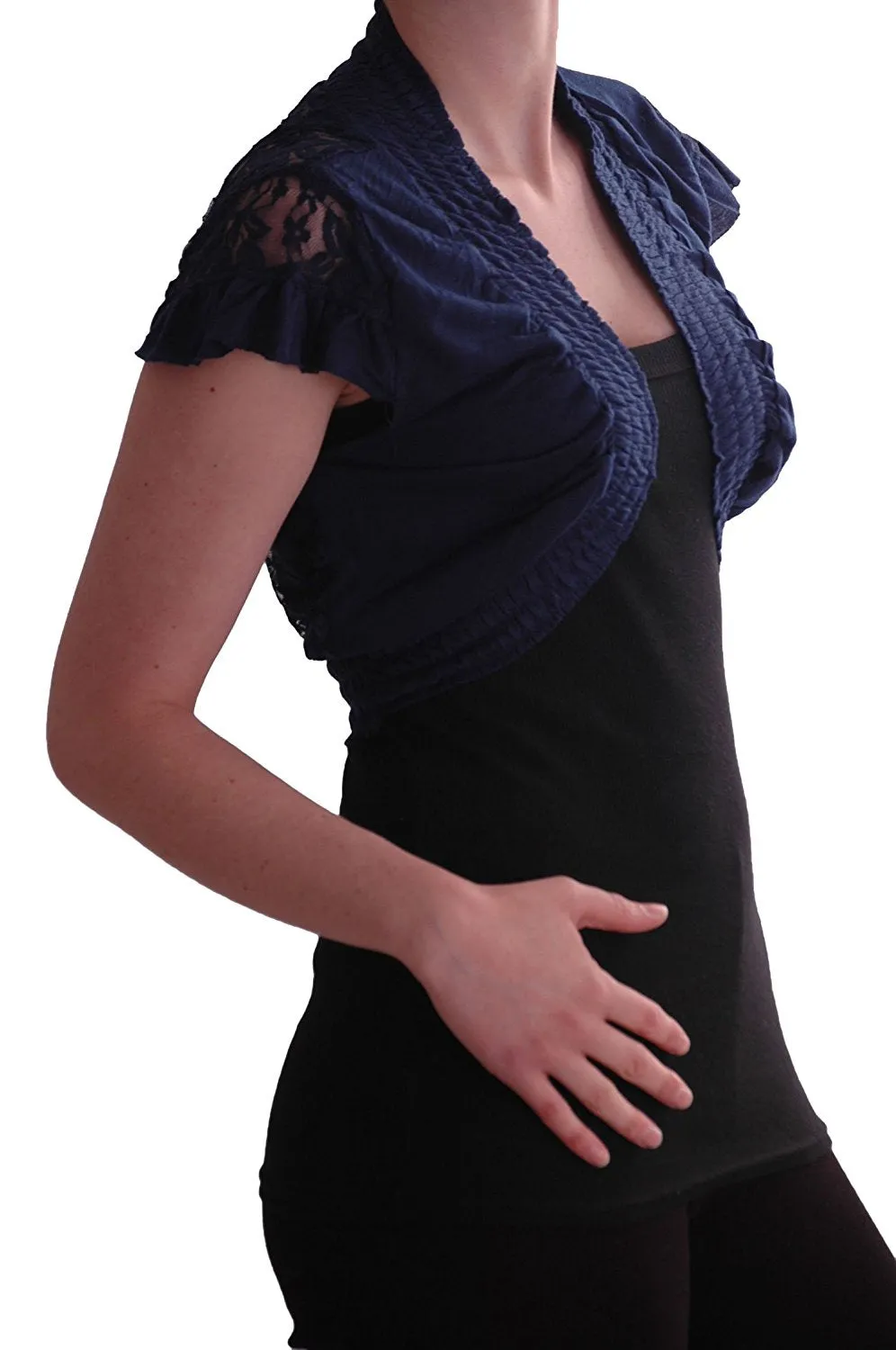 Womens Stretch Lace Jersey Short Sleeve Open Front Ladies Bolero Shrugs One Size