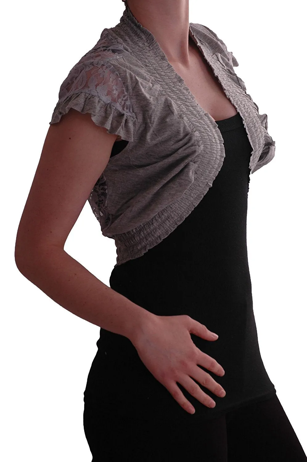 Womens Stretch Lace Jersey Short Sleeve Open Front Ladies Bolero Shrugs One Size