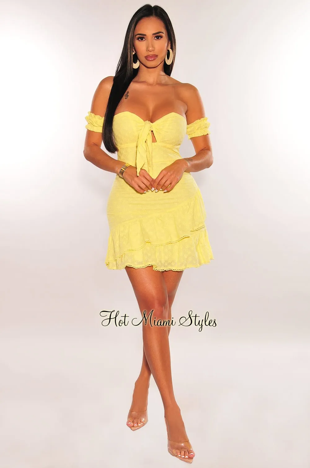 Yellow Floral Embroidered Off Shoulder Ruffle Cut Out Tie Up Mini Dress