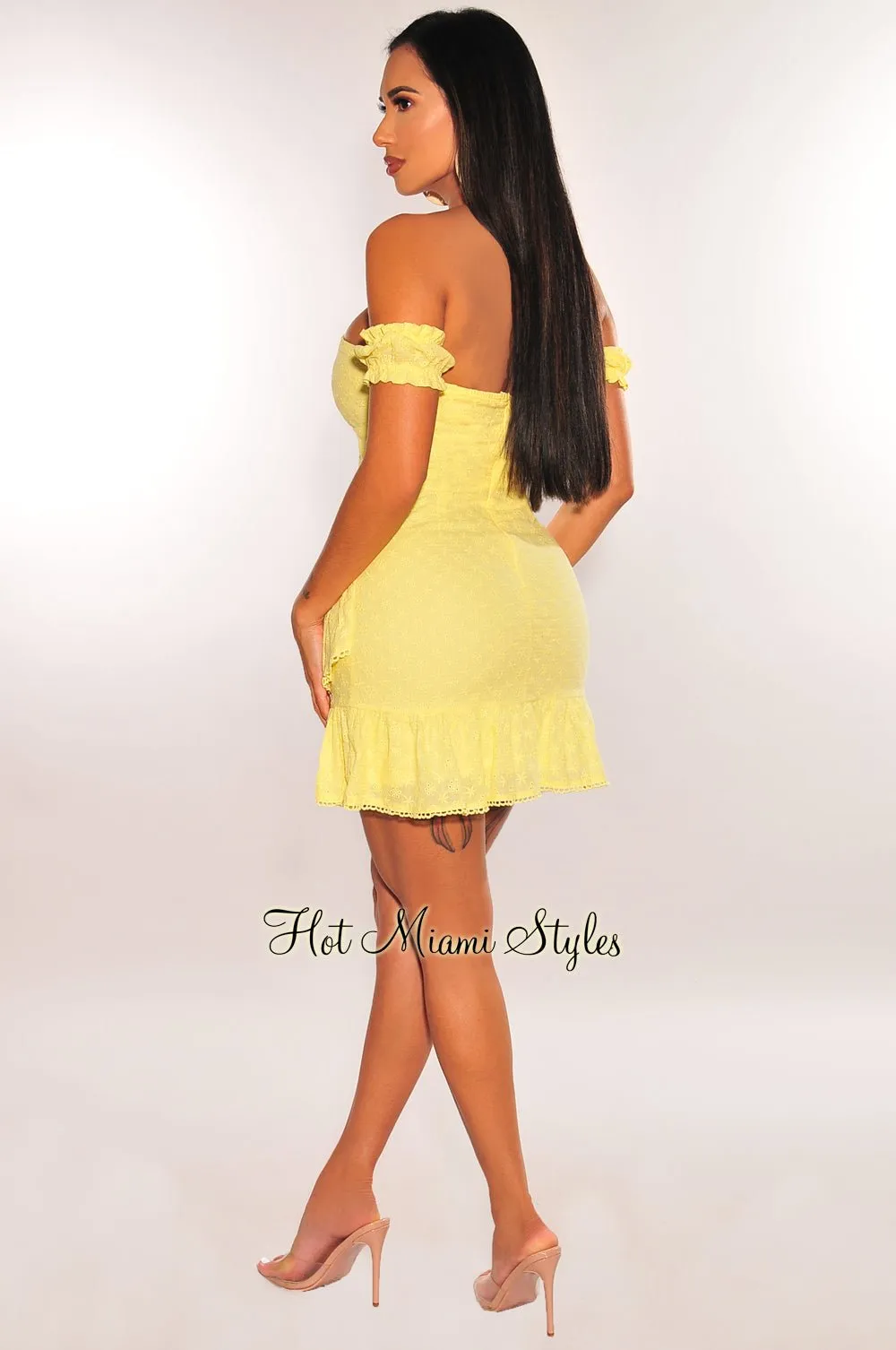 Yellow Floral Embroidered Off Shoulder Ruffle Cut Out Tie Up Mini Dress