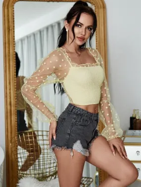 Yilibasha Shirred Polka-dot Mesh Crop Top